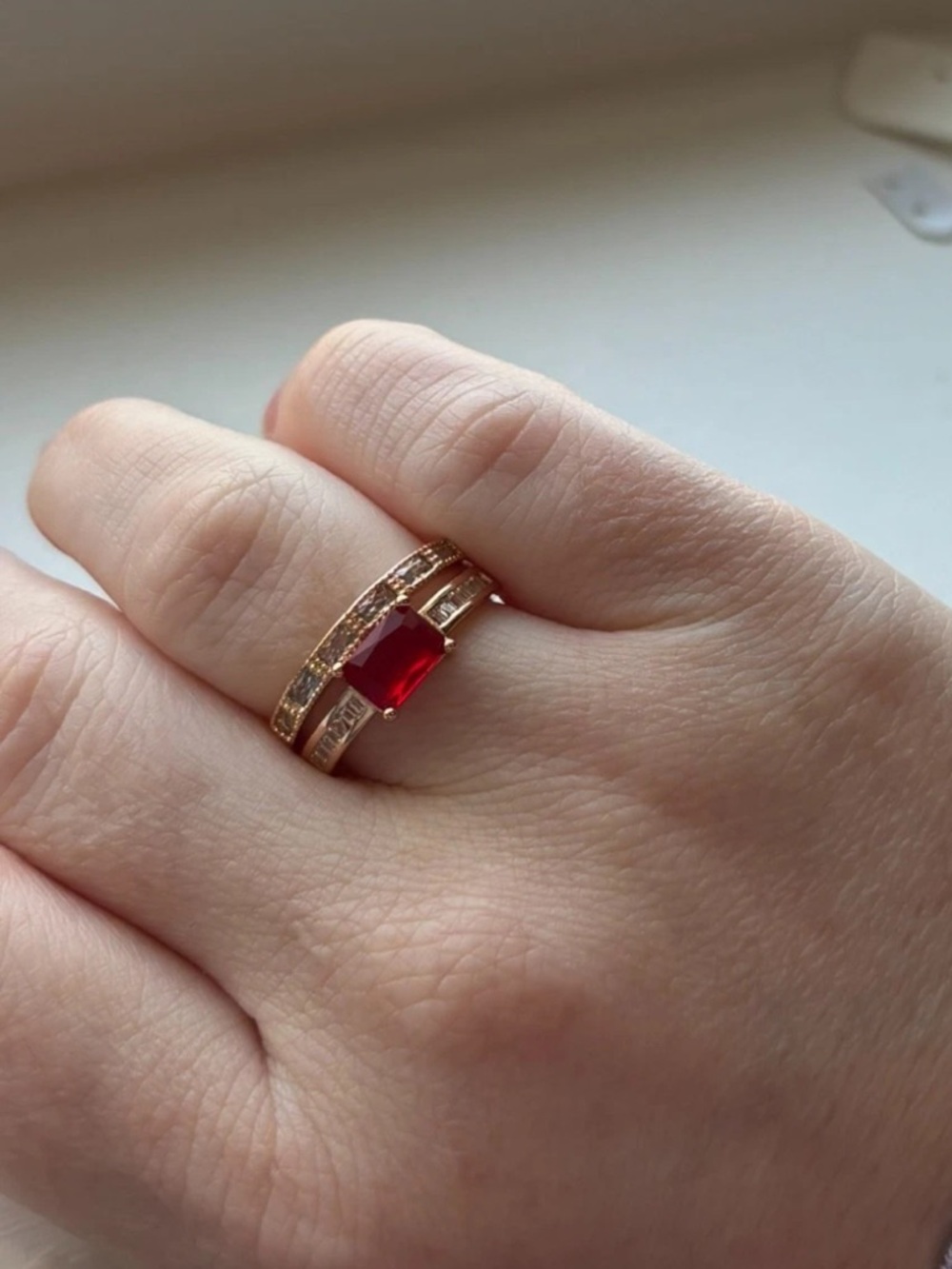 Gold Plated Ruby Red CZ Stacked Ring Size 6 Double Band Baguette & Pave - Picture 8 of 9
